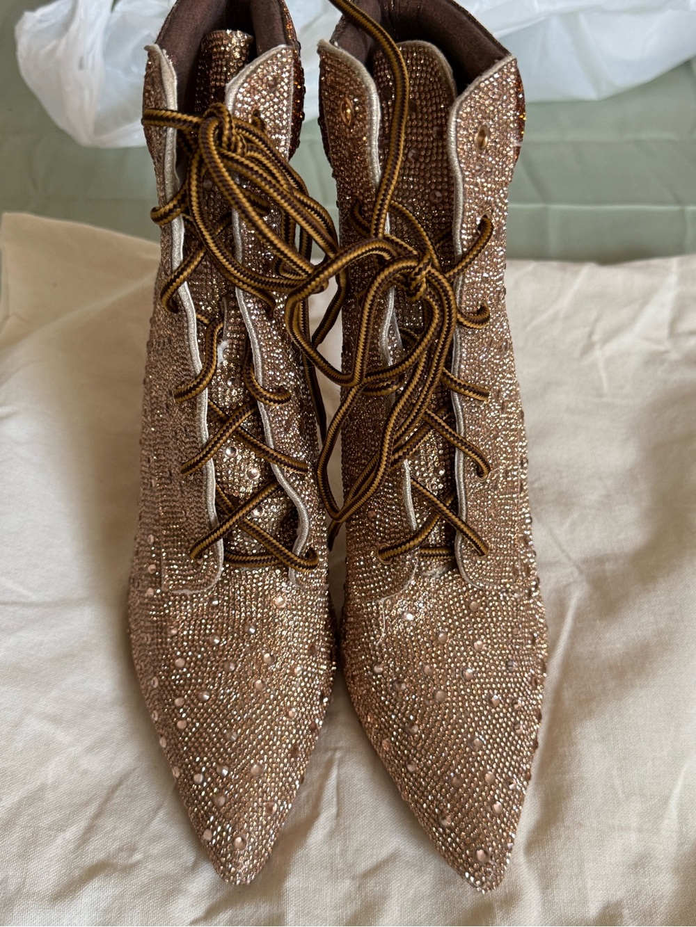 Embellished Lace-Up Pointed Ankle Boots - Rose Gold